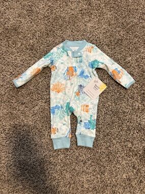 Burt’s Bees Baby Sea Life Print Blue & Orange Footie NWT Organic Cotton Newborn